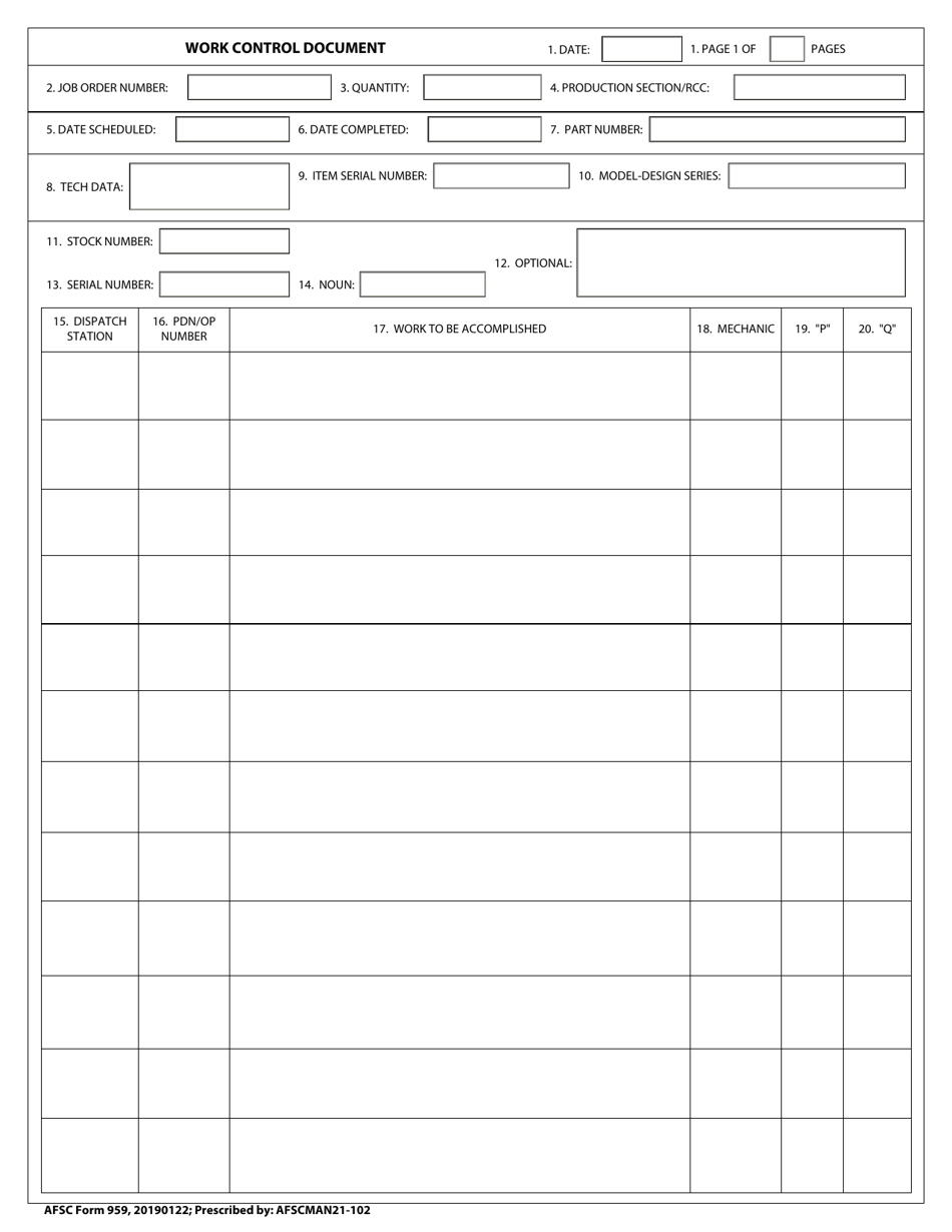 AFSC Form 959 Work Control Document, Page 1