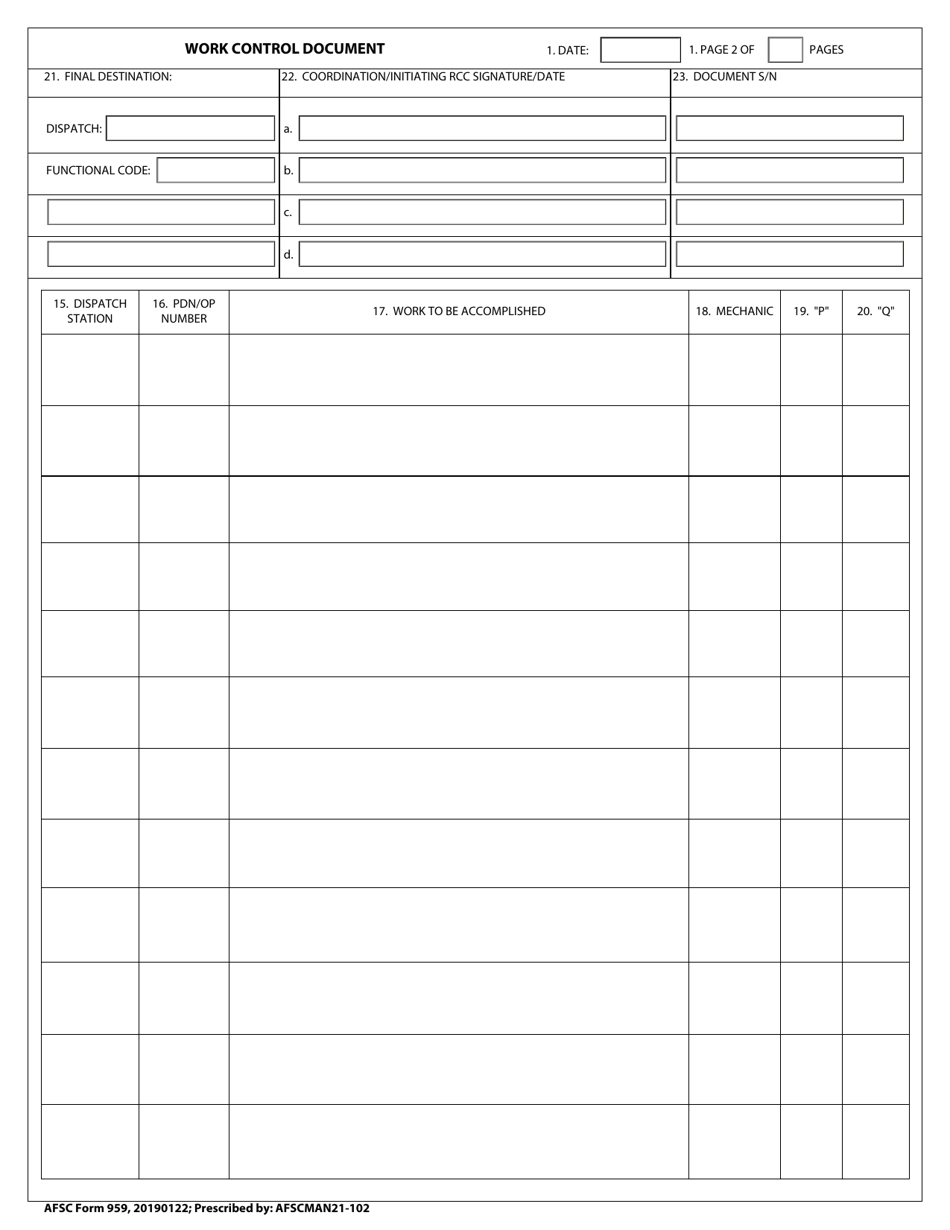 AFSC Form 959 Work Control Document, Page 2