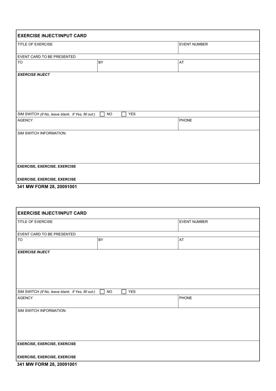 341 MW Form 28 Exercise Inject / Input Card, Page 1