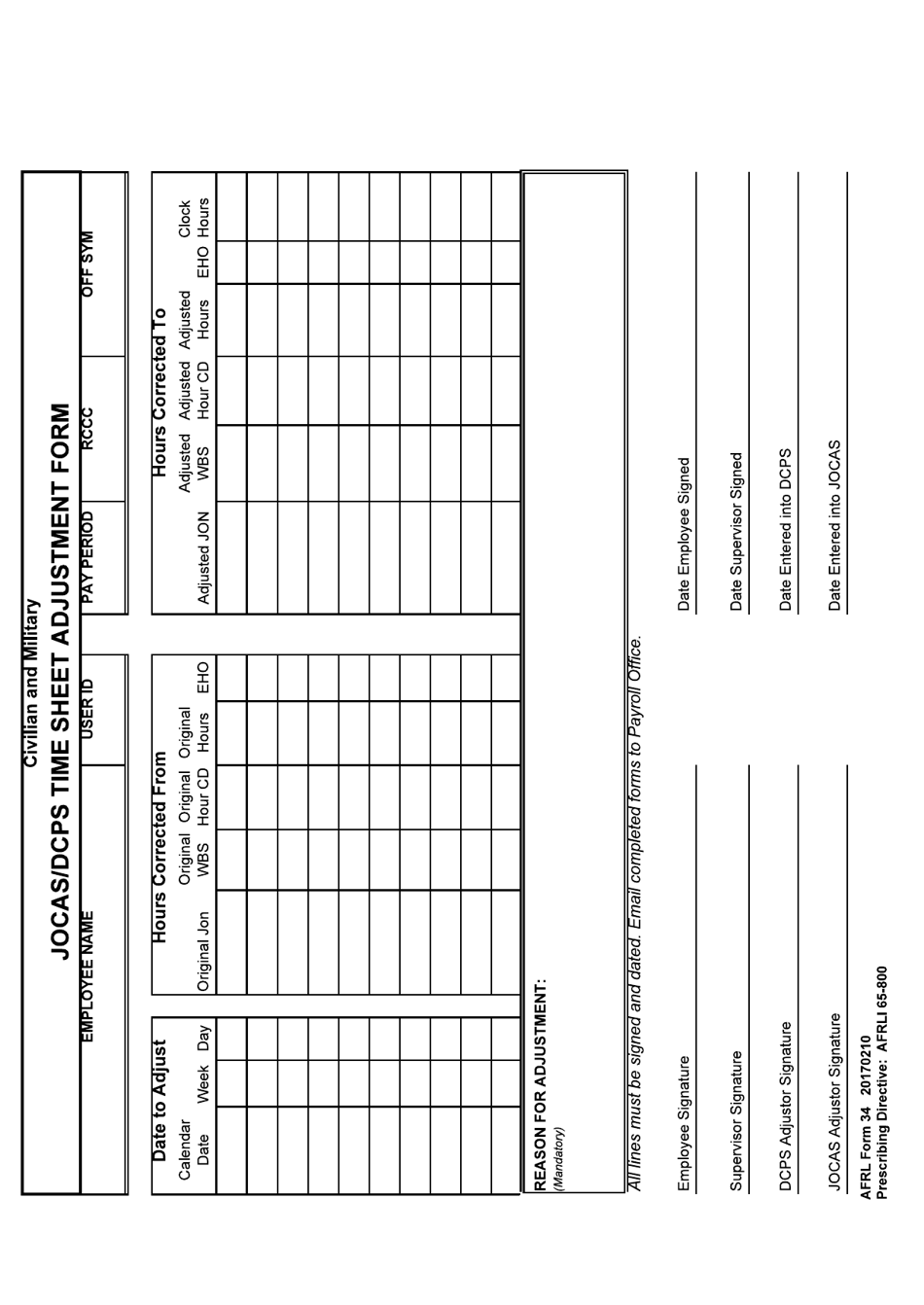 AFRL Form 34 Jocas / Dcps Time Sheet Adjustment Form, Page 1