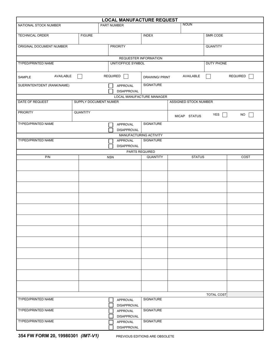354 FW Form 20 Local Manufacture Request, Page 1