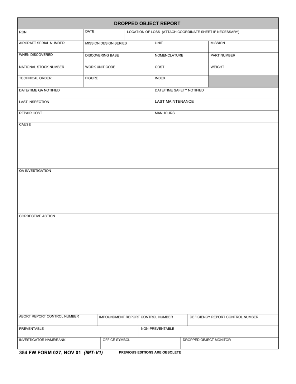 354 FW Form 027 Dropped Object Report, Page 1