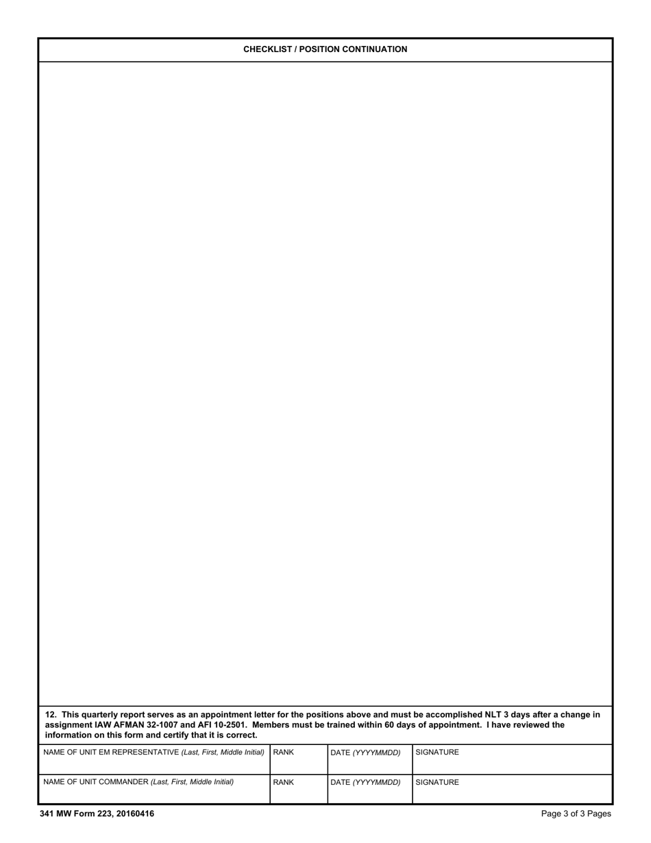 341 MW Form 223 Quarterly Emergency Management (Em) Reports, Page 3