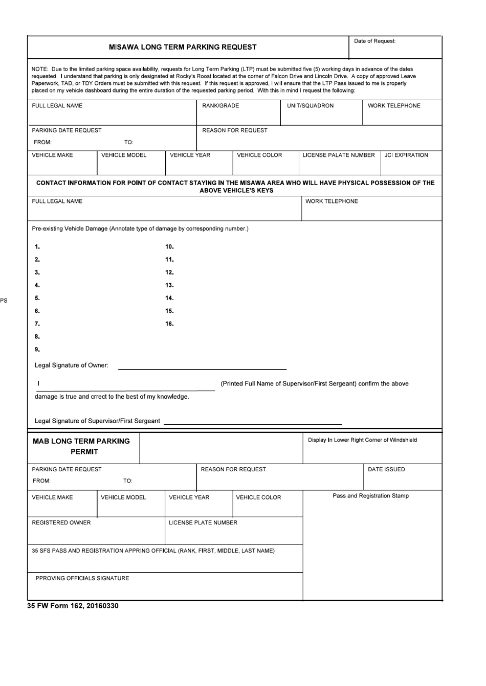 35 FW Form 162 Misawa Long Term Parking Request, Page 1