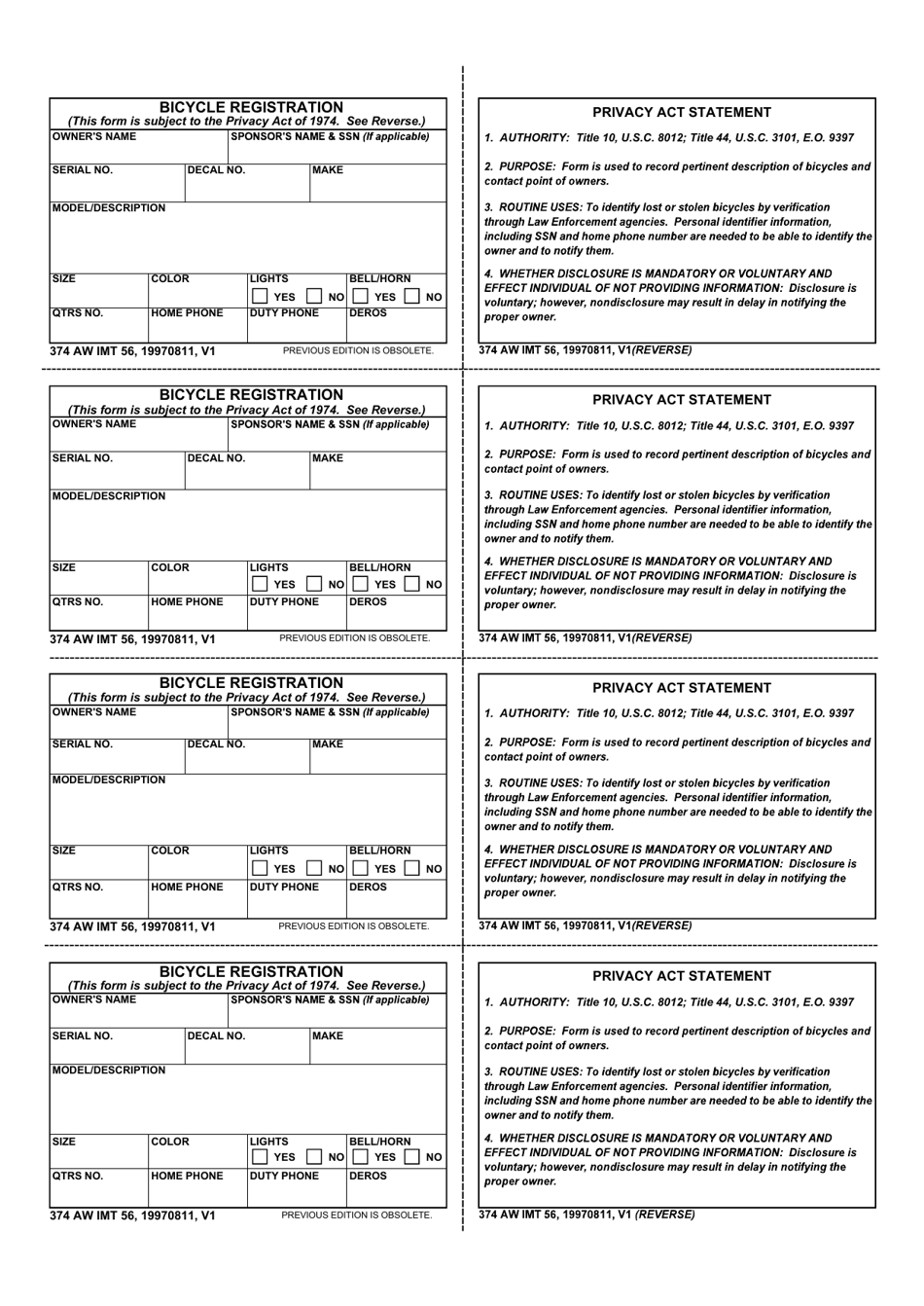 374 AW IMT Form 56 Bicycle Registration, Page 1