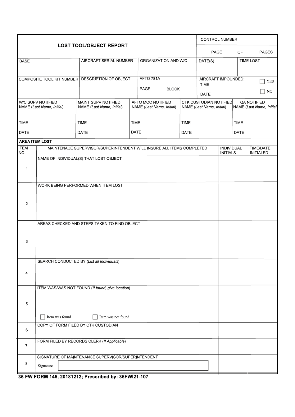 35 FW Form 145 Lost Tool / Object Report, Page 1