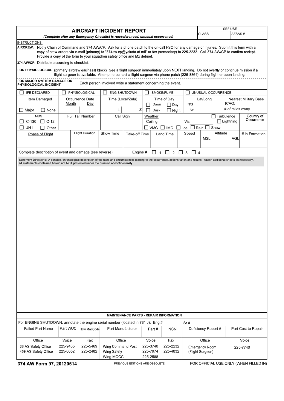 374 AW Form 97 Aircraft Mishap Report, Page 1