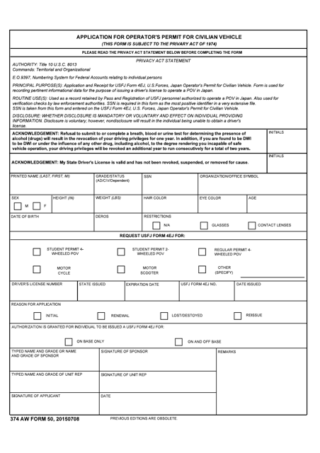 374 AW Form 50 Application for Operator's Permit for Civilian Vehicle