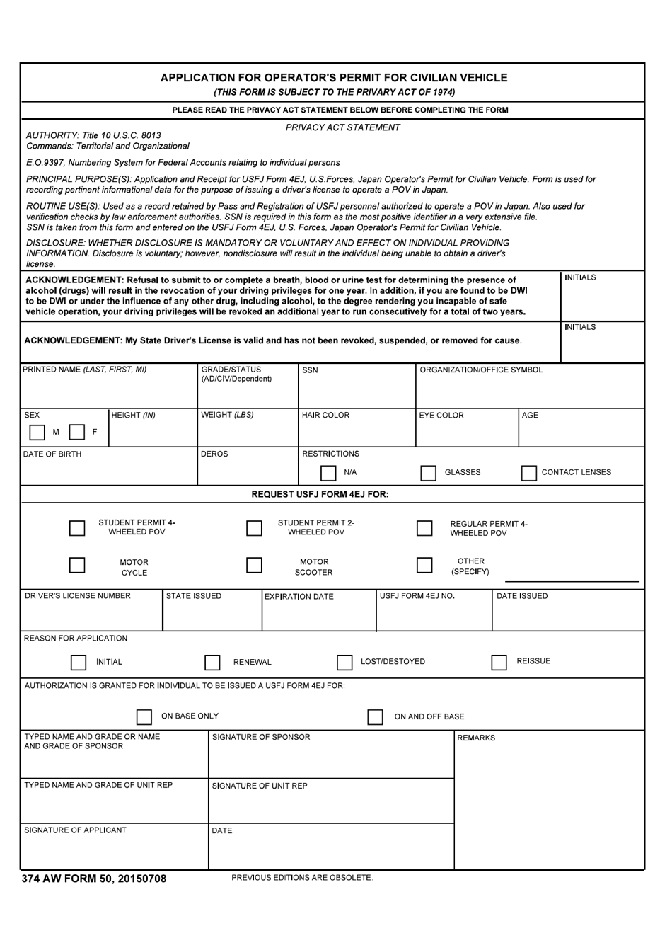 374 AW Form 50 - Fill Out, Sign Online and Download Fillable PDF ...