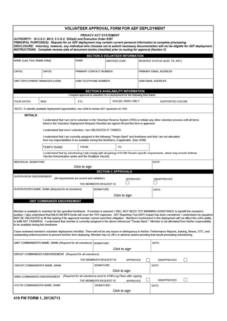 419 FW Form 1 Volunteer Approval Form for Aef Deployment