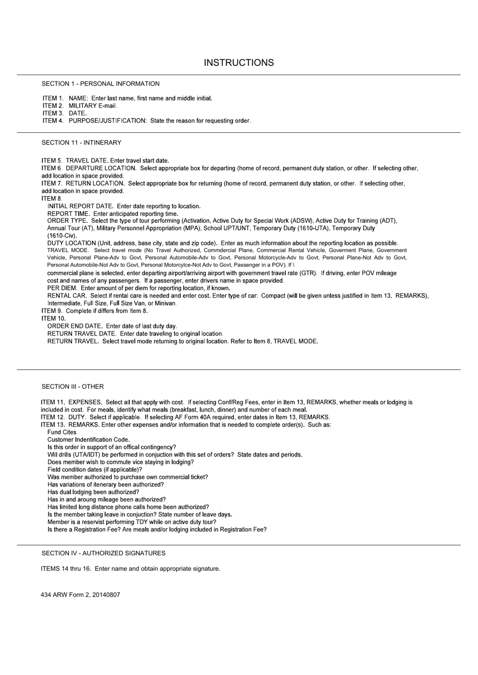 434 ARW Form 2 Medical Orders Request Form, Page 2