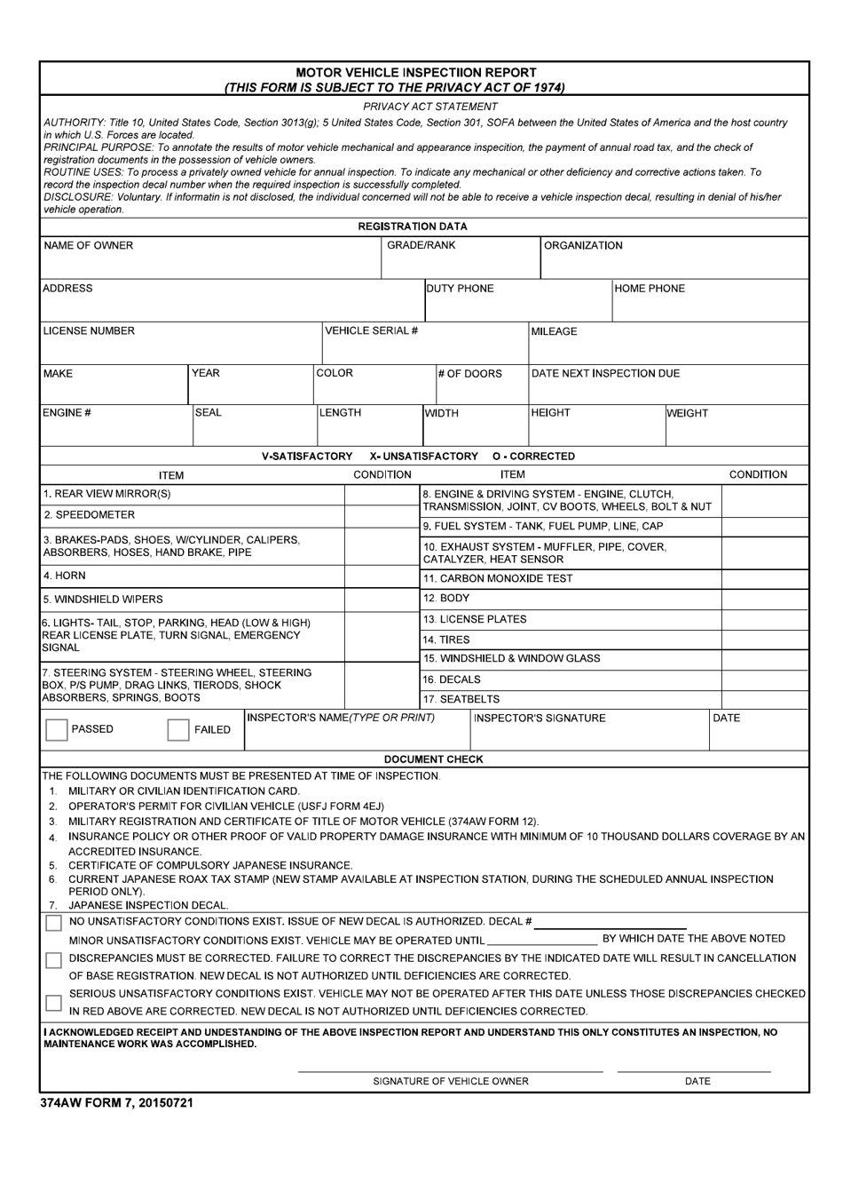 374 AW Form 7 Motor Vehicle Inspection Report, Page 1