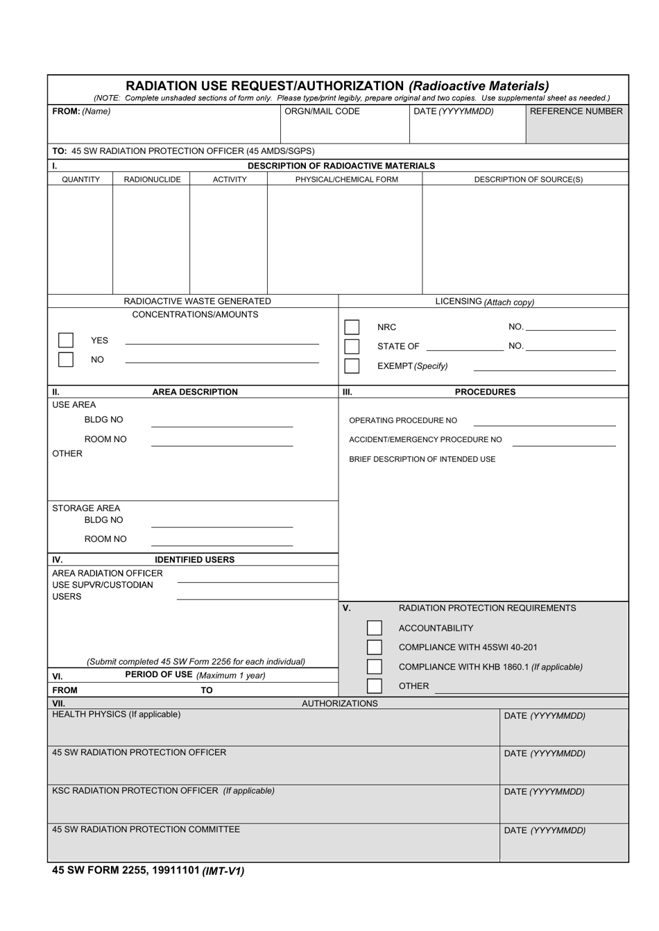 45 SW Form 2255 Radiation Use Request / Authorization (Radioactive Materials), Page 1