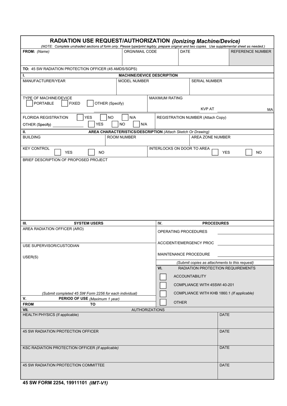 45 SW Form 2254 Radiation Use Request/Authorization (Ionizing Machine/Device), Page 1
