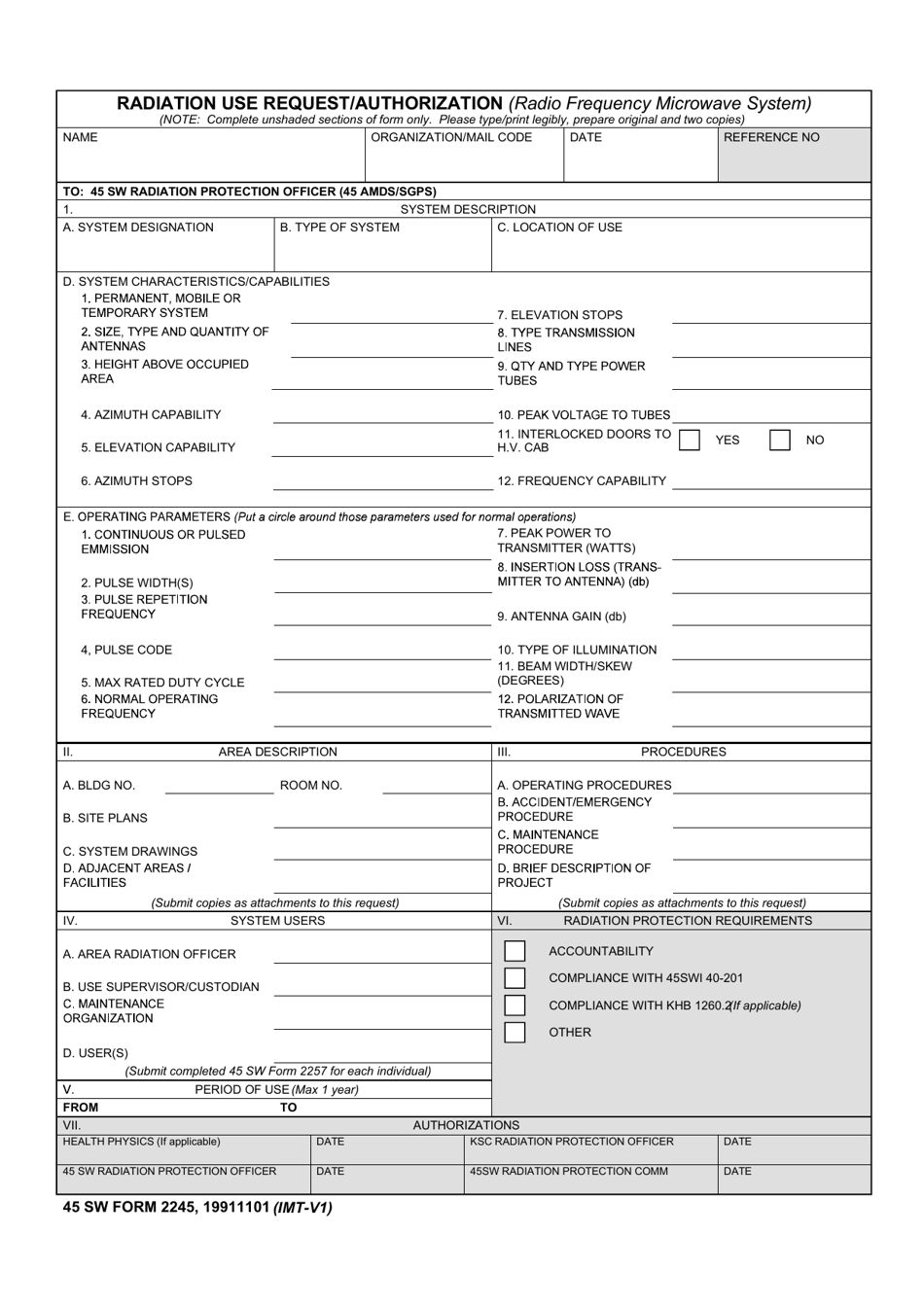 45 SW Form 2245 Radiation Use Request/Authorization(Radio Frequency Microwave System), Page 1