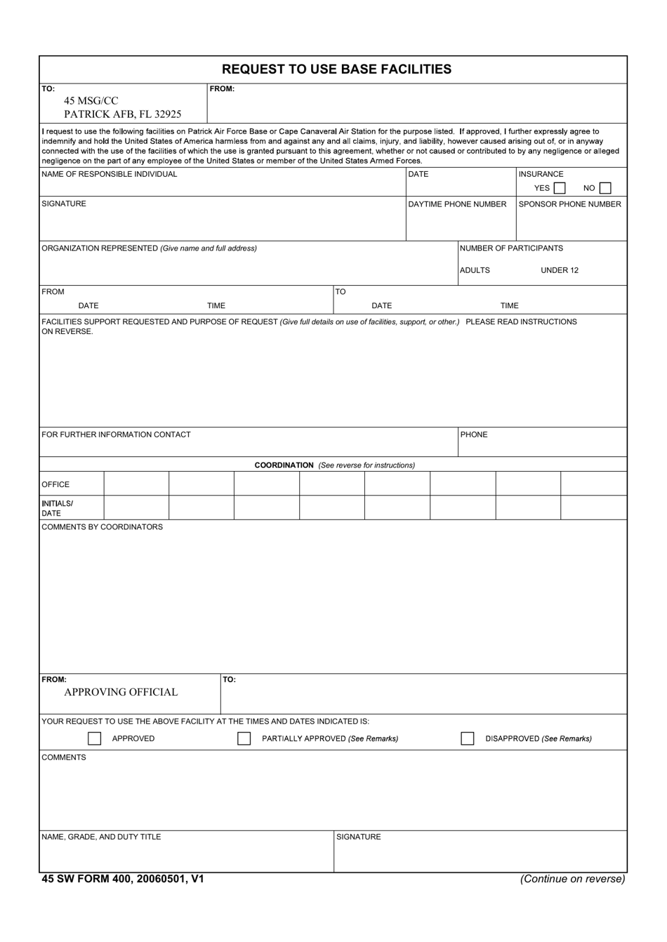 45 SW Form 400 Request to Use Base Facilities, Page 1