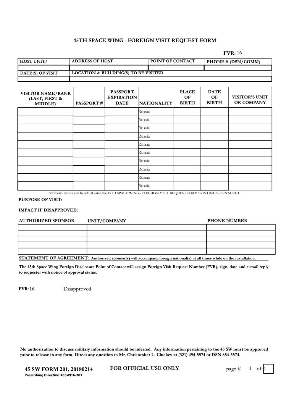 45 SW Form 201 Foreign Visit Request Form, Page 1