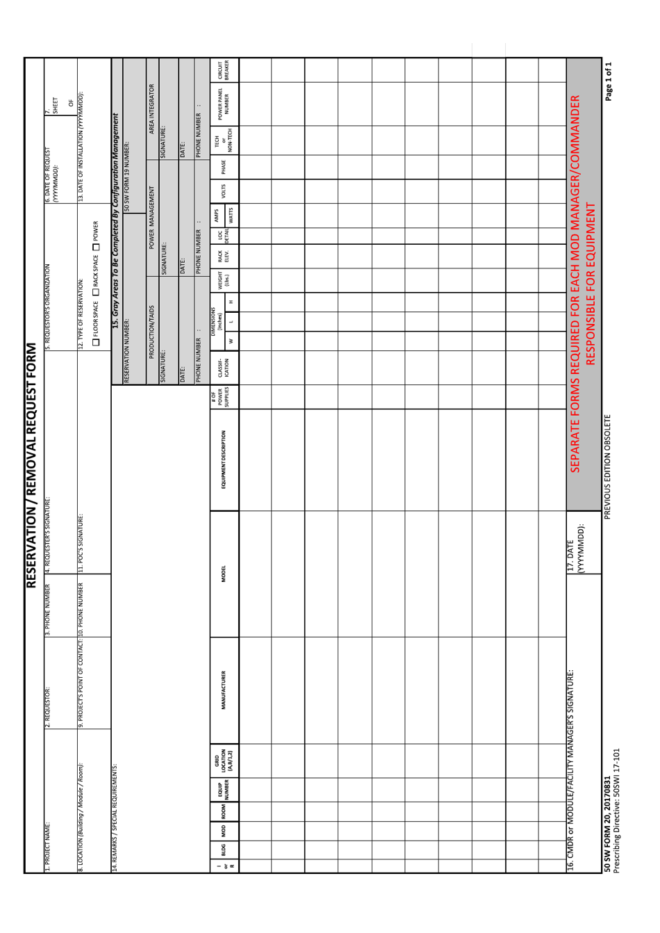 50 SW Form 20 Reservation / Removal Request Form, Page 1
