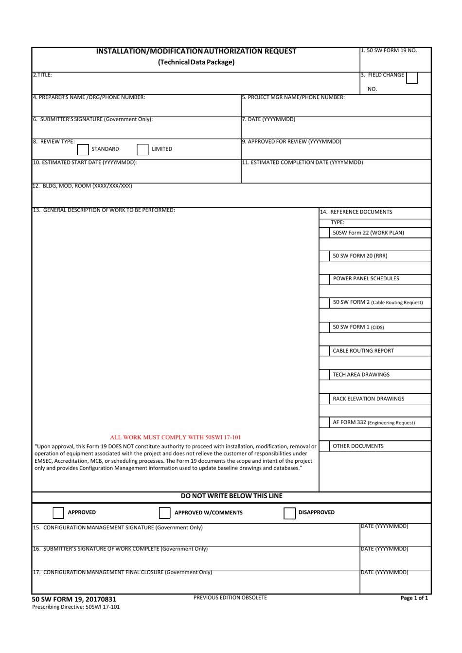 50 SW Form 19 Installation / Modification Authorization Request, Page 1
