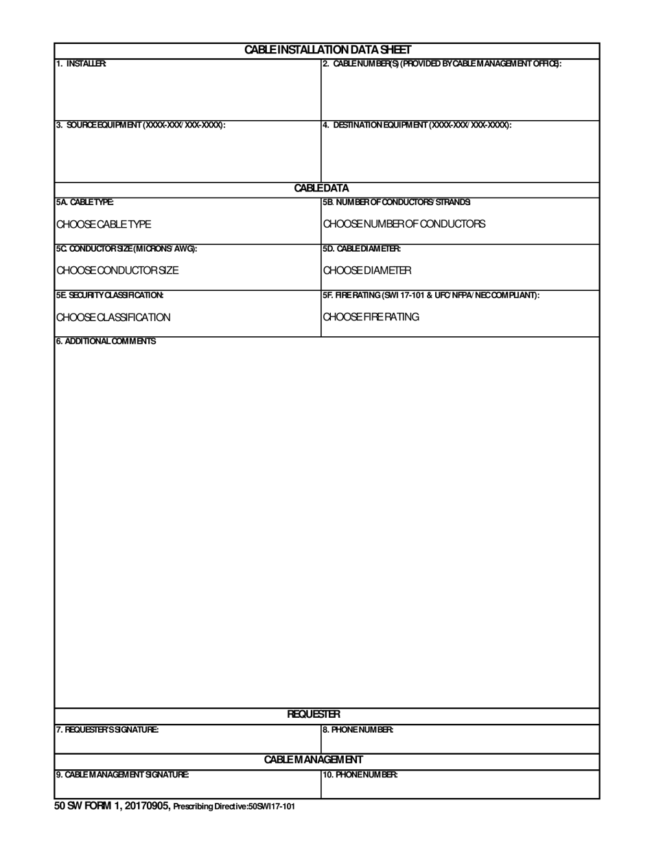 50 SW Form 1 Cable Installation Data Sheet, Page 1