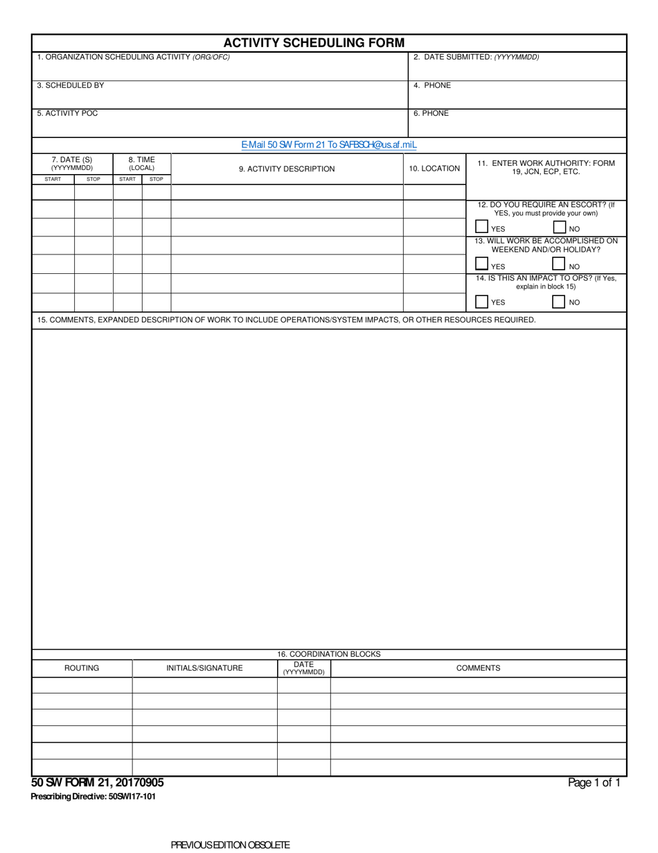 50 SW Form 21 Activity Scheduling Form, Page 1