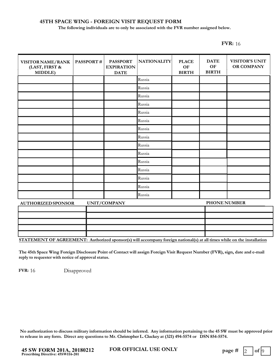 45 SW Form 201A Foreign Visit Request Continuation Sheet, Page 1