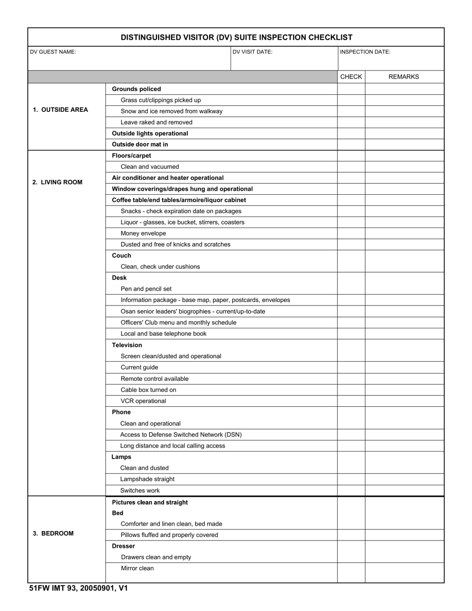 51 FW IMT Form 93 Distinguished Visitor (Dv) Suite Inspection Checklist, Page 1