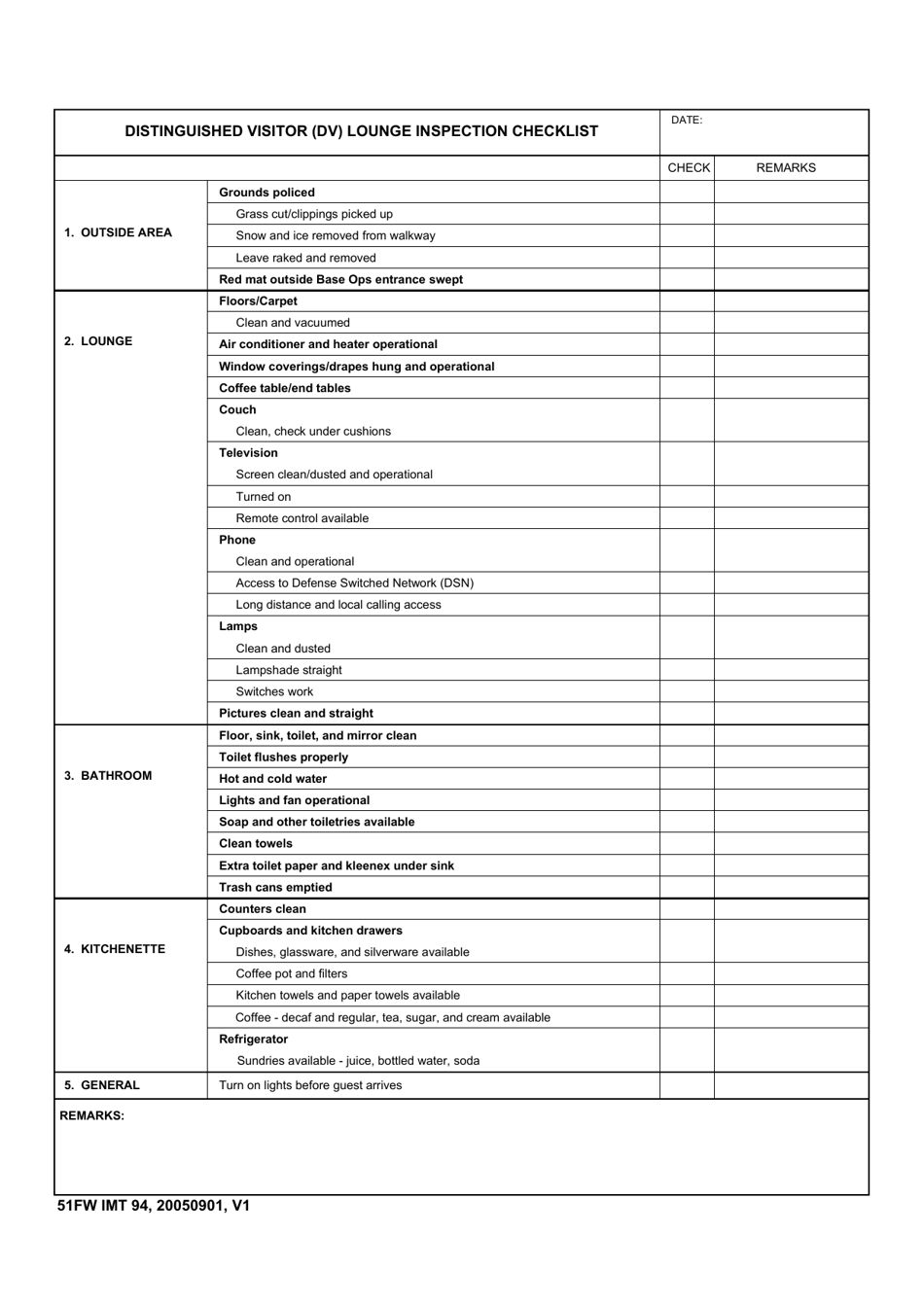 51 FW IMT Form 94 Distinguished Visitor (Dv) Lounge Inspection Checklist, Page 1