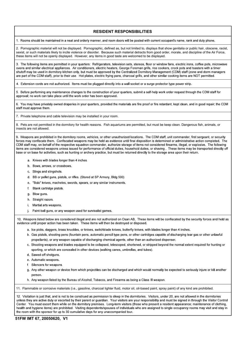 51 FW IMT Form 67 Resident Responsibilities, Page 1