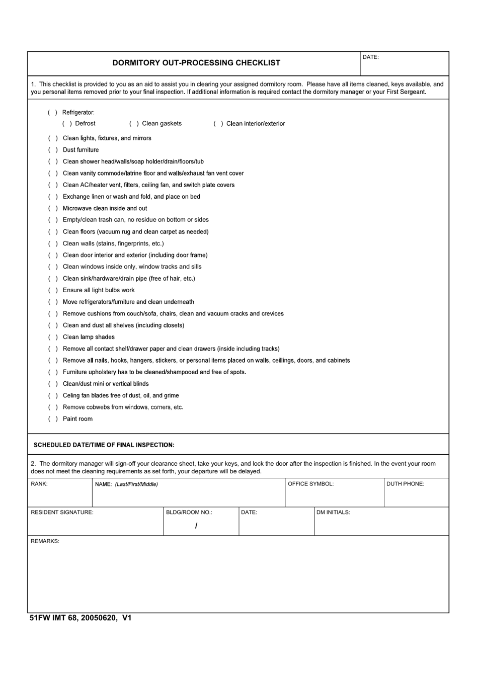 51 FW IMT Form 68 Dormitory out-Processing Checklist, Page 1