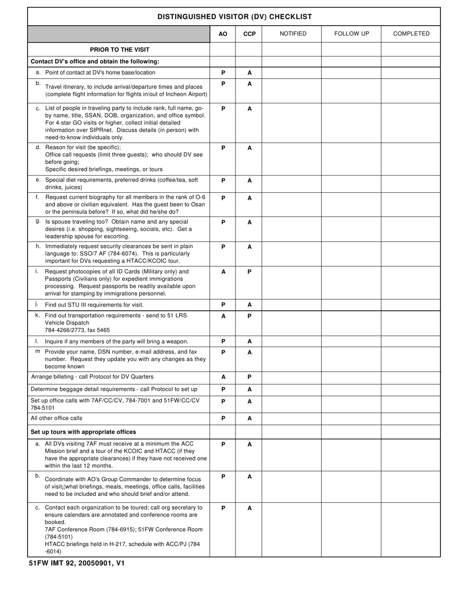 51 FW IMT Form 92 Distinguished Visitor (Dv) Checklist, Page 1