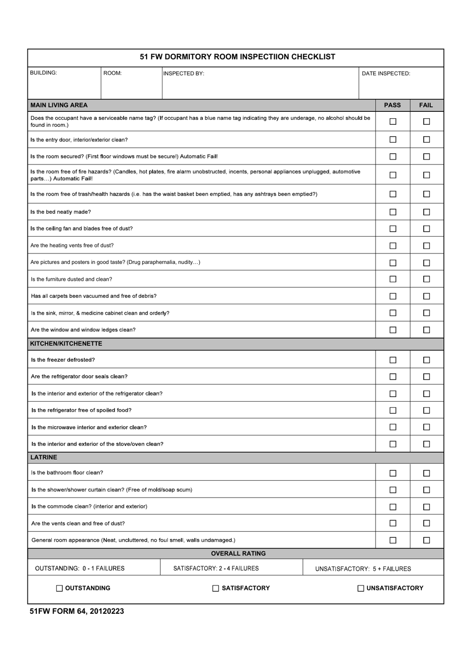 51 FW Form 64 51fw Dormitory Room Inspection Checklist, Page 1