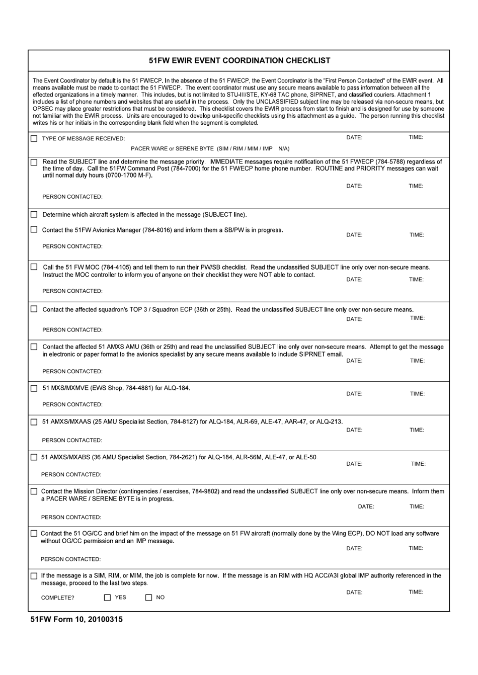 51 FW Form 10 51fw Ewir Event Coordination Checklist, Page 1