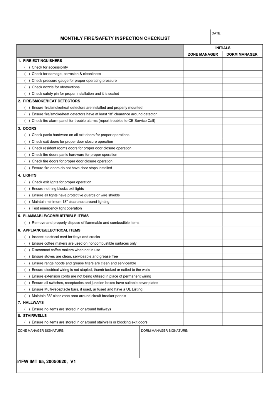 51 FW IMT Form 65 Monthly Fire / Safety Inspection Checklist, Page 1