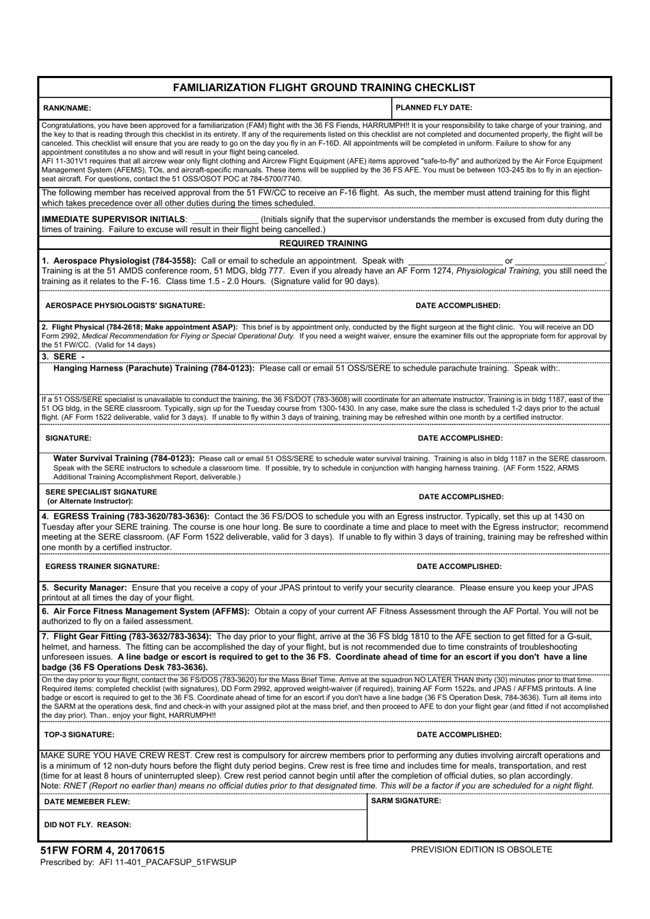 51 FW Form 4 Familiarization Flight Ground Training Checklist, Page 1