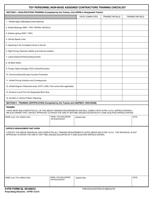 51 FW Form 36 TDY Personnel/Non-base Assigned Contractors Training Checklist