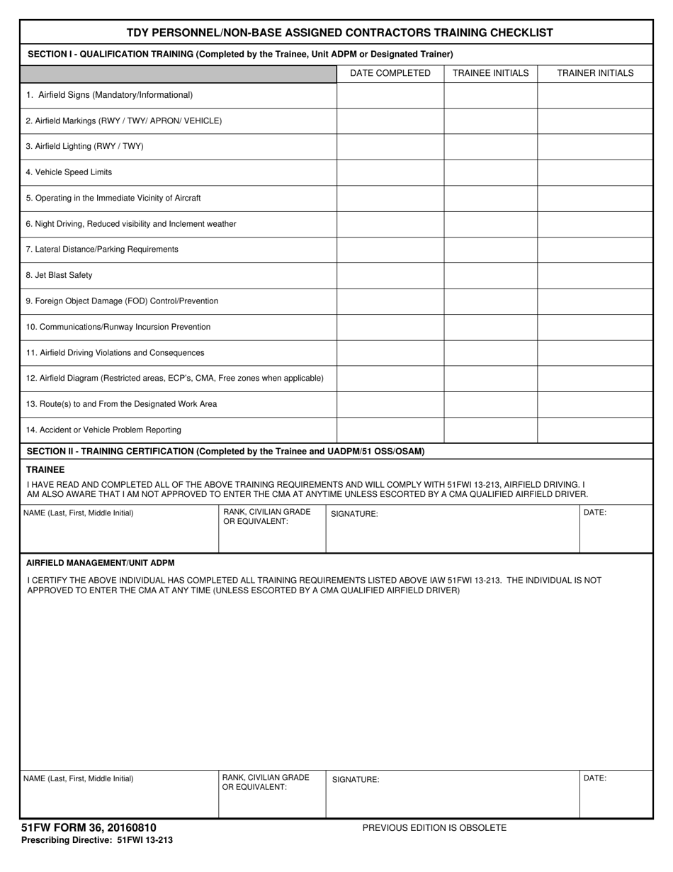 51 FW Form 36 TDY Personnel / Non-base Assigned Contractors Training Checklist, Page 1