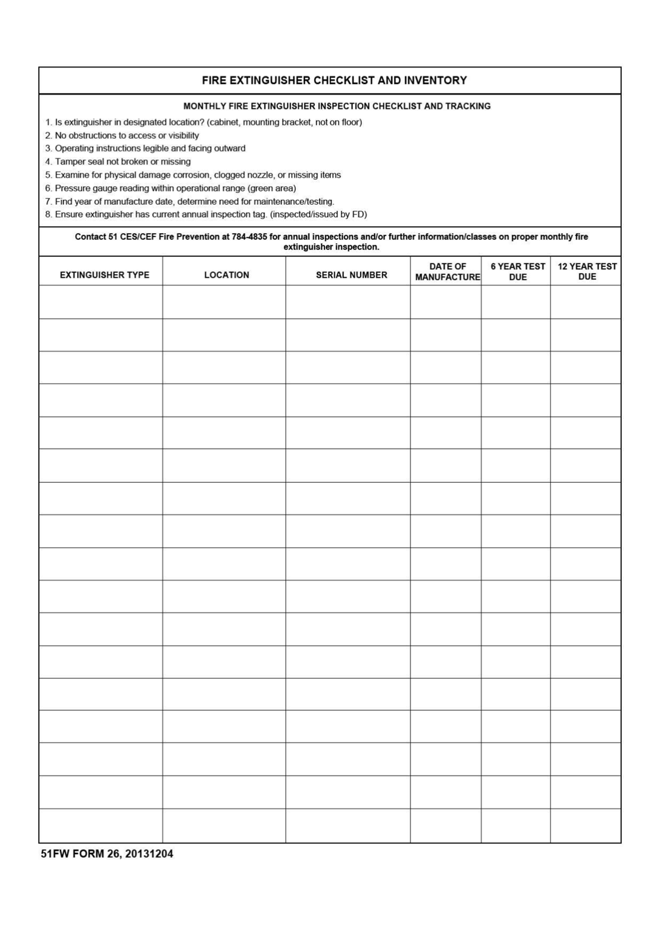 51 FW Form 26 Fire Extinguisher Checklist and Inventory, Page 1