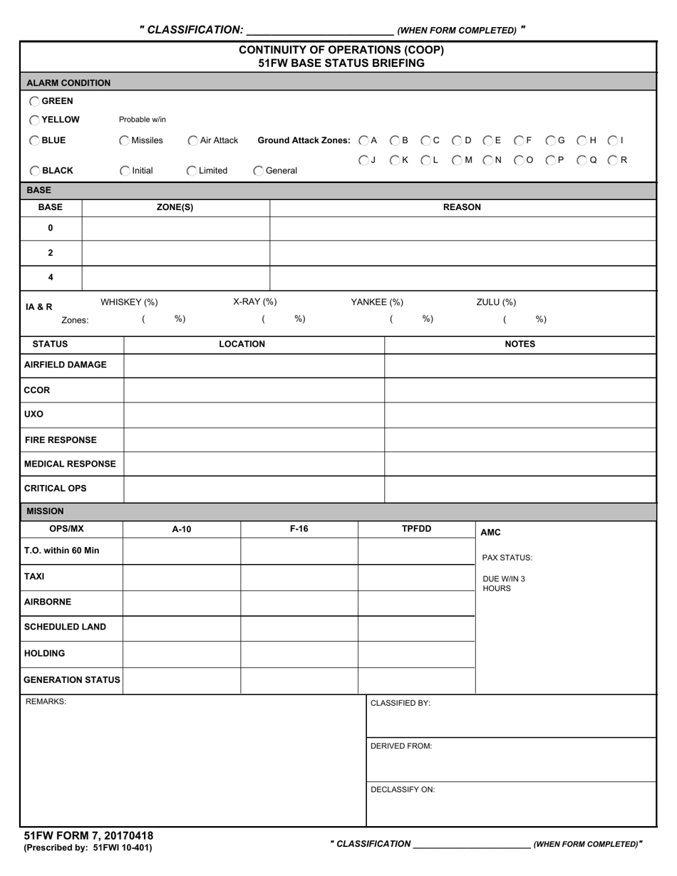 51 FW Form 7 Continuity of Operations (Coop) 51fw Base Status Briefing, Page 1