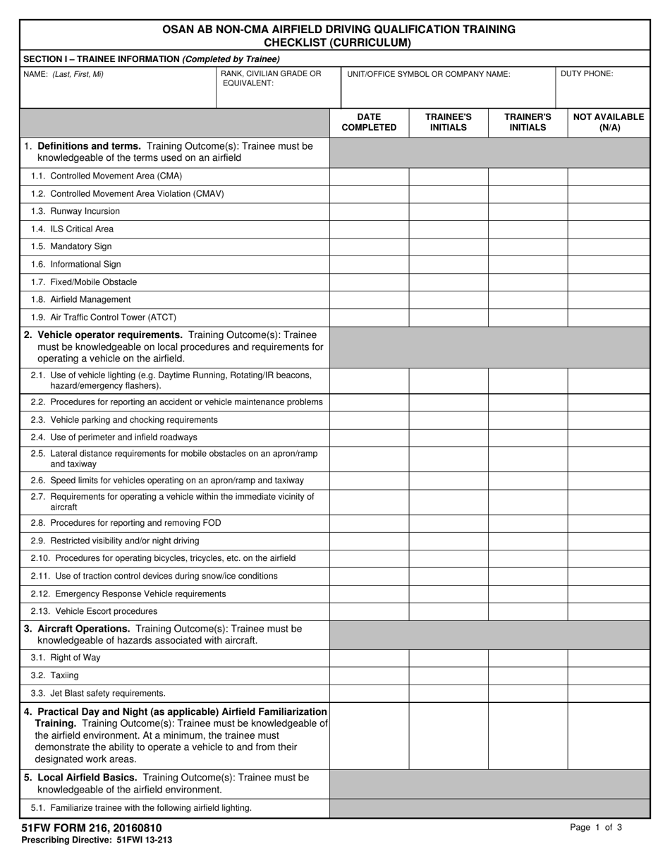 51 FW Form 216 Osan AB Non-cma Airfield Driving Qualification Training Cheklist (Curriculum), Page 1