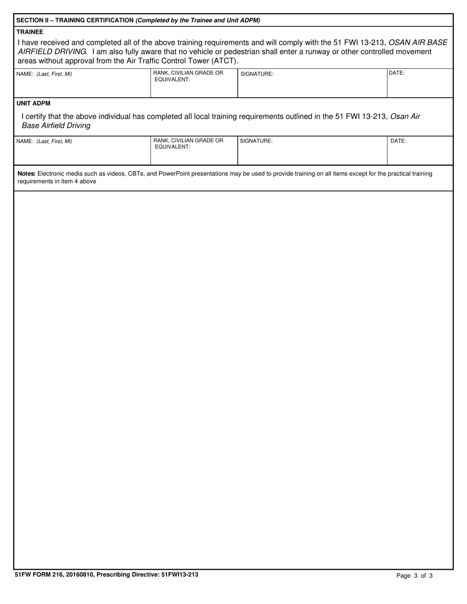 51 FW Form 216 Osan AB Non-cma Airfield Driving Qualification Training Cheklist (Curriculum), Page 3