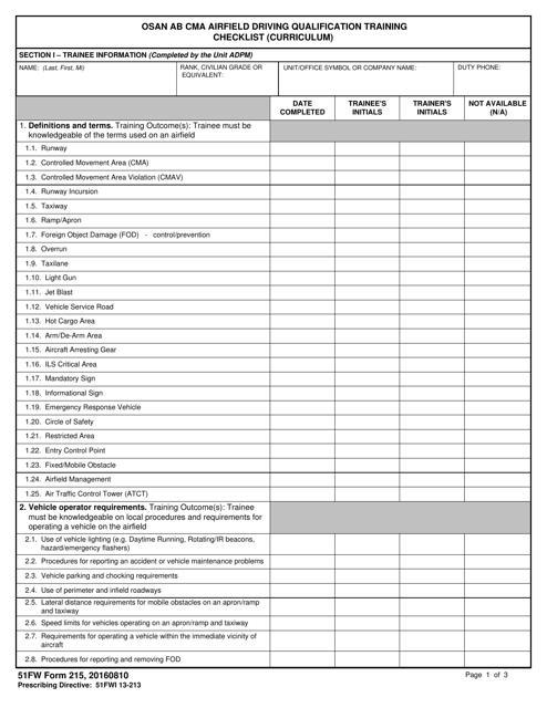 51 FW Form 215 Osan AB Cma Airfield Driving Qualification Training Checklist (Curriculum)