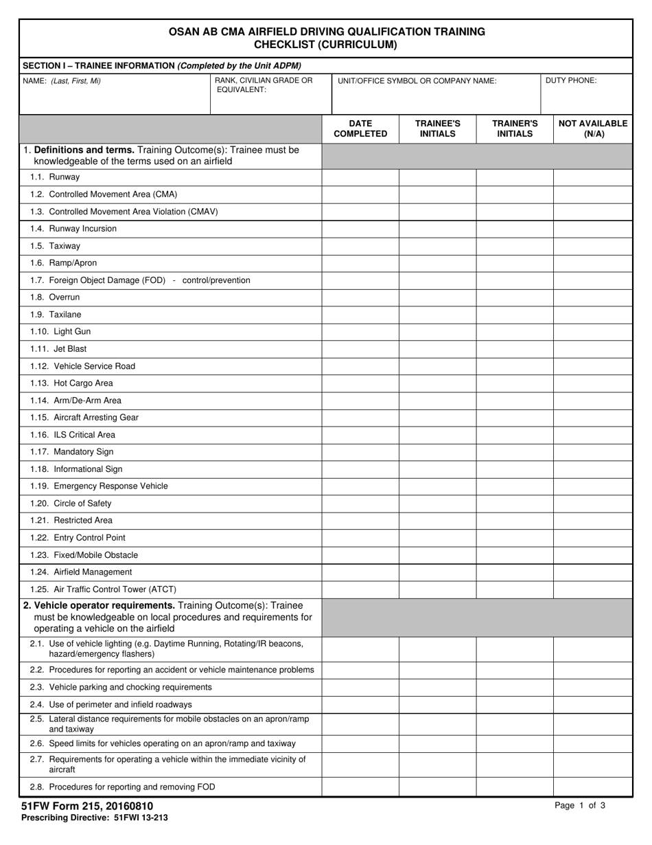 51 FW Form 215 Osan AB Cma Airfield Driving Qualification Training Checklist (Curriculum), Page 1