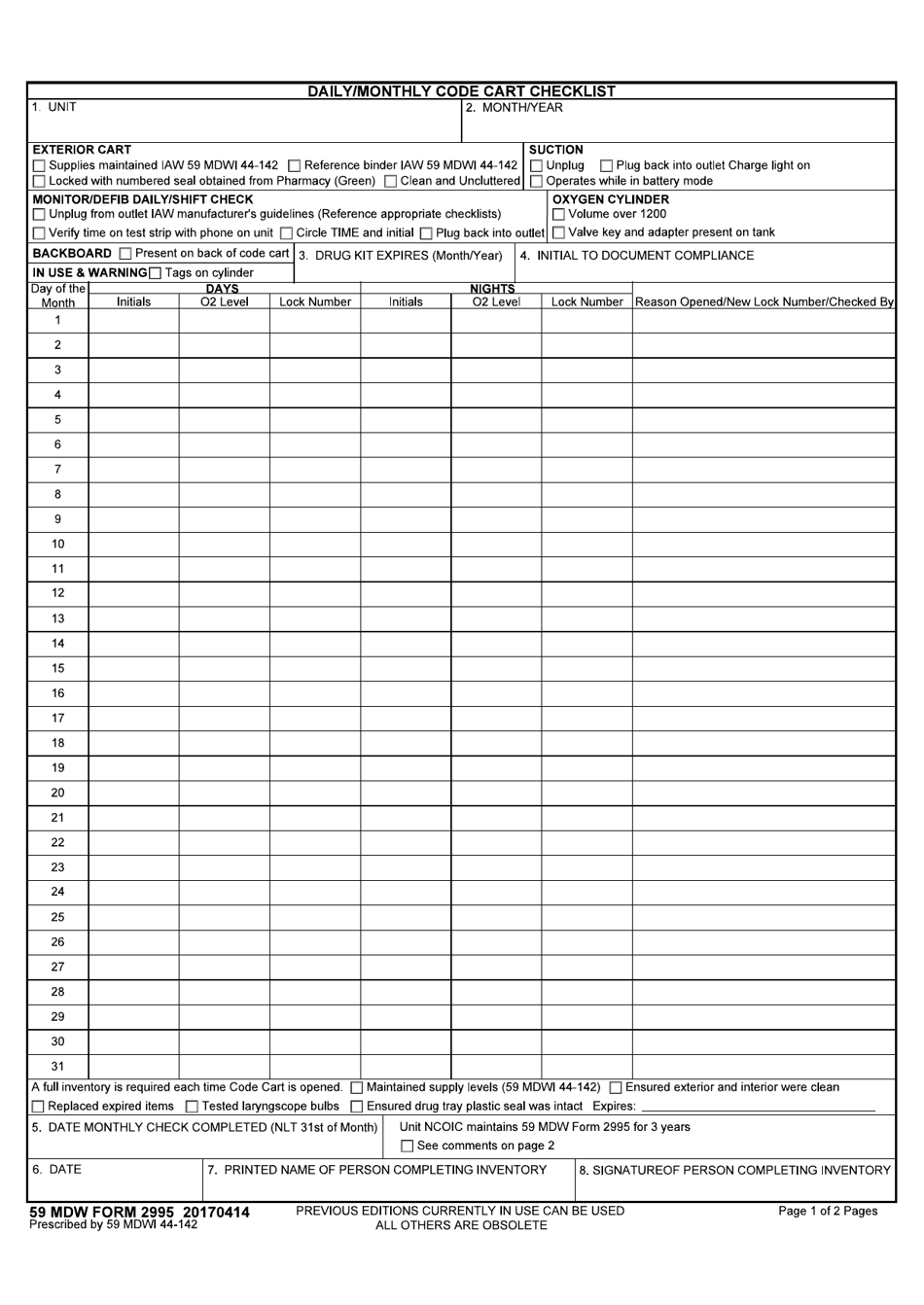 59 MDW Form 2995 Daily / Monthly Code Cart Checklist, Page 1