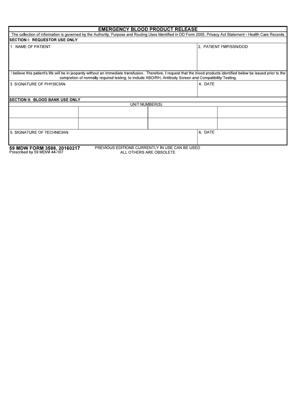 59 MDW Form 3588 Emergency Blood Product Release, Page 1