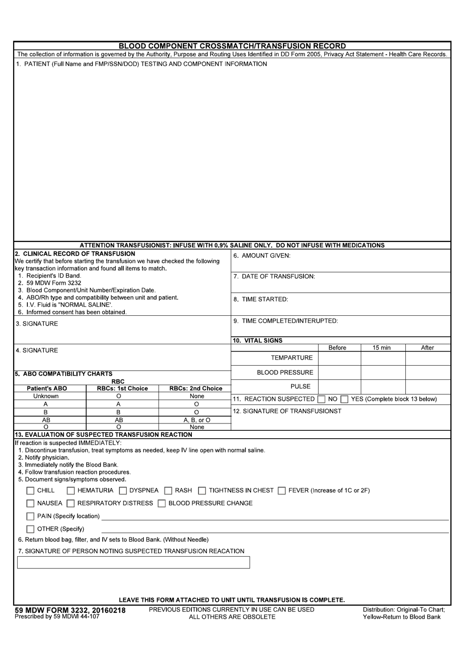 59 MDW Form 3232 Blood Component Crossmatch / Transfusion Record, Page 1