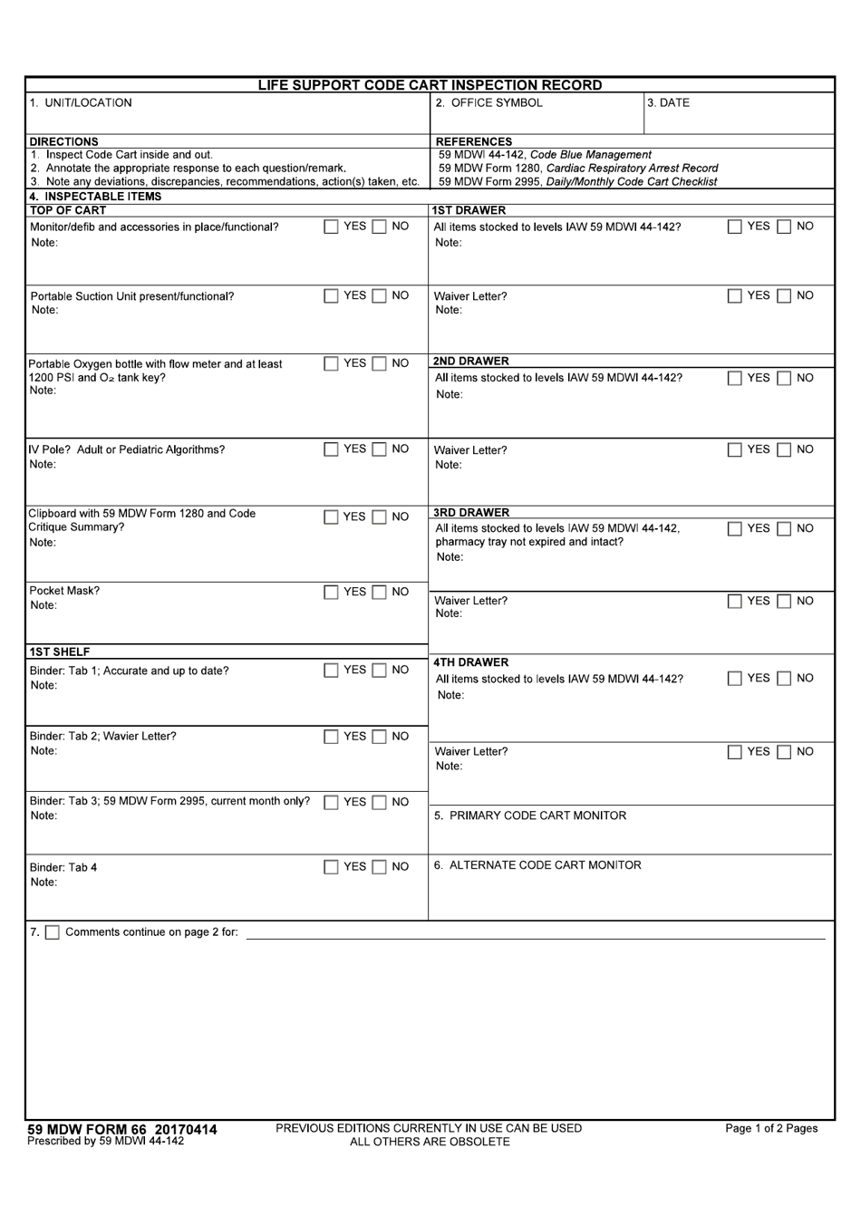59 MDW Form 66 Life Support Code Cart Inspection Record, Page 1