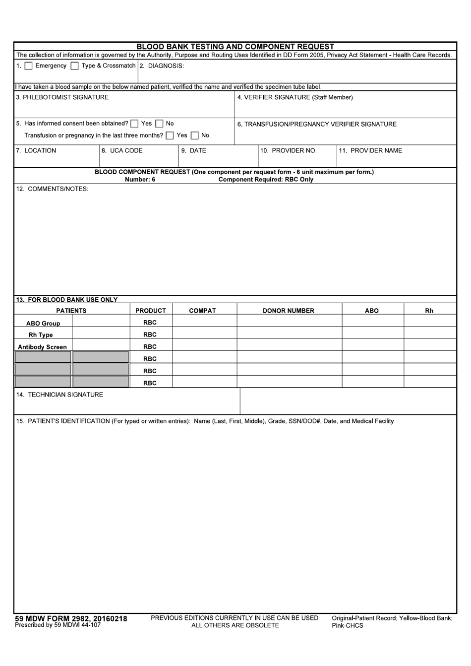 59 MDW Form 2982 Blood Bank Testing and Component Request, Page 1
