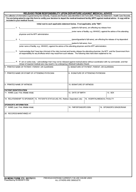 59 Mdw Form 172 Download Fillable Pdf Or Fill Online Release From