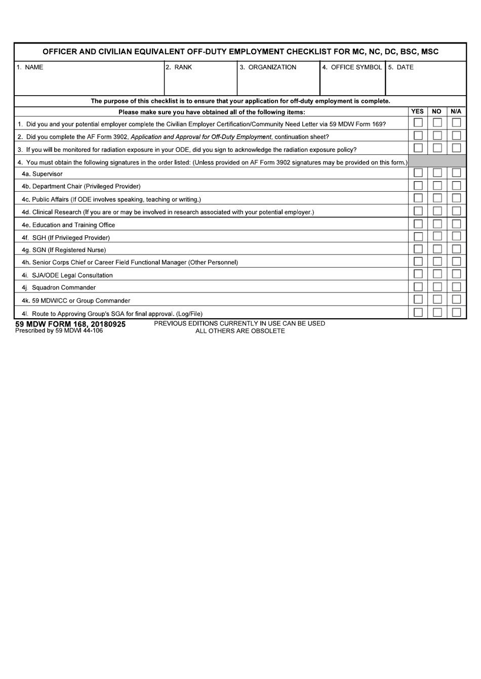 59 MDW Form 168 Officer and Civilian Equivalent off-Duty Employment Checklist for Mc, Nc, Dc, Bsc, Msc, Page 1